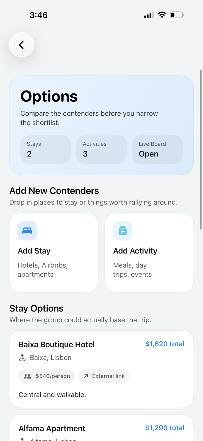 Options screen comparing stays and activities for a trip